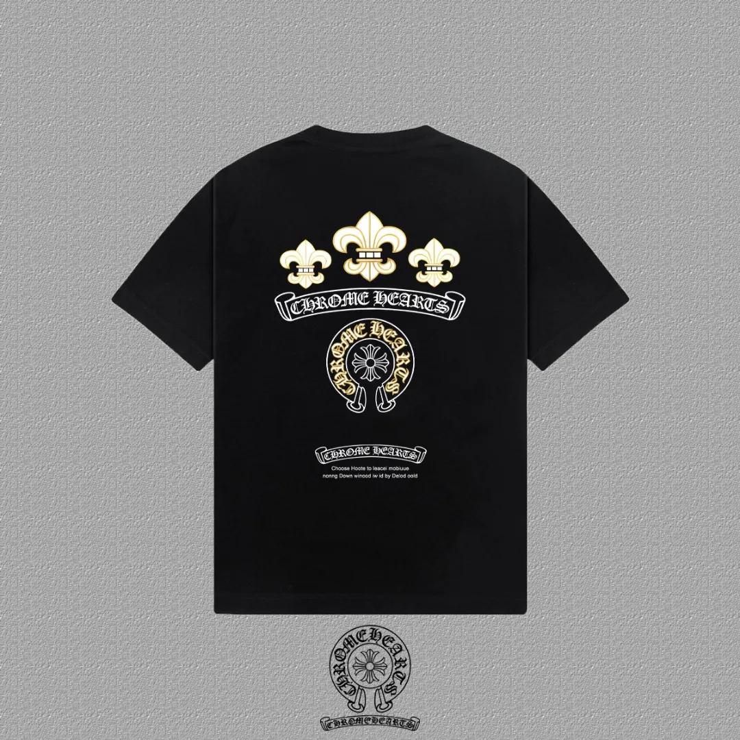 🅿️170 [CH Crow Heart] 2025FW short-sleeved T-shirt, letter LOGO printing, high-end 26s double yarn 300g fabric, heavy fabric, custom stretcher rib, same vat and dye, complete three standards, same style for men and women, color: black, white, size: S M L XL 2XL